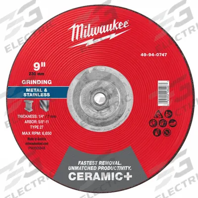 MILWAUKEE Grinding Wheel: Type 27, 9" x 1/4" x 5/8"-11, Ceramic - Cool-Cutting Grinding Wheels for Carbon & Stainless Steel