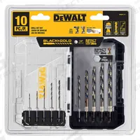 DEWALT Hex Shank Drill Set: 10 Pc, 1/8" to 3/8", 135° Split Point, Black & Gold HSS (MPN DWAH1110). Key specifications — attr1239143: Impact Rated.
