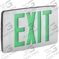 Exit Sign: Emergency Battery Backup, LED, Black, Green, 1 Faces, Ceiling/Wall, Nickel Cadmium (MPN CCESGE). Key specifications — Voltage: 120/277 V AC; Directional Indicators: Universal Field Selectable Chevrons; Text Color: Green; Brand: COMPASS; Emergency Battery Backup: Yes; Housing Color: Black; Lighting Technology: LED; Emergency Battery Backup - Broad: With Battery Backup.