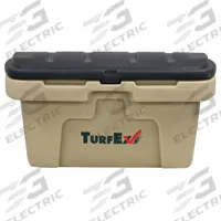 Storage Container: 17.4 in H, 3 cu ft, Brown, 22 1/2 in L x 32 in D x 17 1/2 in H, Lockable Lids (MPN 74053). Key specifications — Brand: TURFEX; Material: Plastic; Assembled: Assembled.