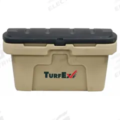 Storage Container: 17.4 in H, 3 cu ft, Brown, 22 1/2 in L x 32 in D x 17 1/2 in H, Lockable Lids (MPN 74053). Key specifications — Brand: TURFEX; Material: Plastic; Assembled: Assembled.