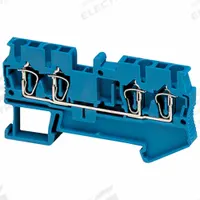 SCHNEIDER Terminal Block: DIN Rail Mounting Type, Spring Wire Termination, 4 Wire Terminals, 20 A (MPN NSYTRR24BL). Key specifications — Brand: SCHNEIDER; For Minimum Wire Size: 28 AWG; Wire Termination Style: Spring.