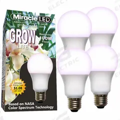LED Grow Bulb: LED, A19, 120V, Blue/Full/Broad/Red, 100 W Incandescent Watt Equivalency (MPN 601833). Key specifications — Plant Growth Application: High Yield Production; Brand: MIRACLE LED; Bulb Shape: A19; Spectrum: Full/Broad.