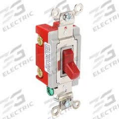 HUBBELL Wall Switch: Toggle Switch, Double Pole, Maintained, Red, 120/277V AC, 20 A (MPN HBL1222R). Key specifications — Illuminated: No; Voltage Rating: 120/277V AC.