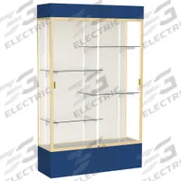 GHENT Freestanding Display Case: Navy Blue, 80 in Overall Ht, 48 in Overall Wd, 16 in Overall Dp (MPN 3174PB-GD-NY). Key specifications — Back Material: Plaque Fabric; Material: Aluminum.