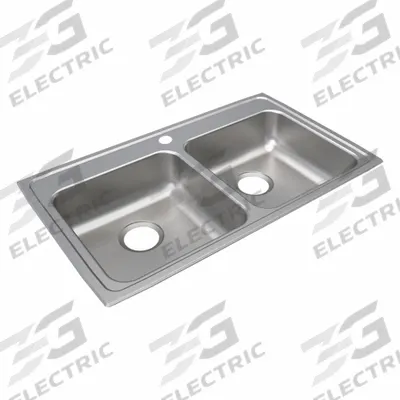 JUST MANUFACTURING Bowl Drop-In Sink: 33 in Overall Lg, 19 1/2 in Overall Wd, 5 in Bowl Dp - Two-Bowl Counter-Mounted Kitchen & Bar Sinks without Faucets