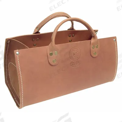 KLEIN TOOLS Tool Tote: 15 in W x 7 1/2 in D x 7 1/2 in H, Brown, Leather, 0 Pockets - Leather Tool Totes