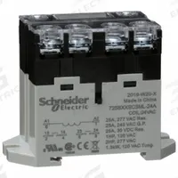 SCHNEIDER Enclosed Power Relay: DIN-Rail & Surface Mounted, 25 A Current Rating, 24V AC, DPST-NO (MPN 725BXXSC3ML-24A). Key specifications — attr211321: SCHNEIDER; attr864598: Square; attr864602: DIN Rail & Top Flange; attr864634: Screw Terminal; attr864642: 725BXXSC3ML-24A; attr869492: 25 A at 28V DC (Resistive Load); attr934629: Harmony™ 725 Power Series.