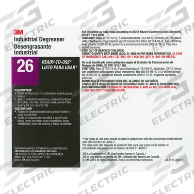 TOLCO Secondary Bottle Label: 11 in Ht, 8 1/2 in Wd, 3M Industrial Cleaner 26 - Secondary Container Labels and Tags