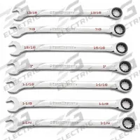 GEARWRENCH Combination Ratcheting Wrench Set: Alloy Steel, Full Polish Chrome, 7 Tools, Std, Rounded (MPN 86452). Key specifications — attr309581: Full Polish Chrome; attr309580: Alloy Steel; attr309571: No; attr309583: No; attr309587: Yes; attr324931: GEARWRENCH.