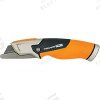 FISKARS Utility Knife: 7 1/2 in Overall Lg, Std Tip, Rubberized, Rubber, Orange, Hinge (MPN 770010-1001). Key specifications — attr307837: Hinge; attr307830: Standard Tip; attr307833: Orange; attr307831: Rubberized; attr307832: Rubber; attr324891: FISKARS.