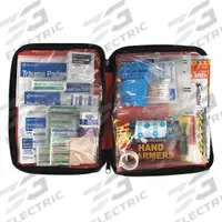AMERICAN RED CROSS Emergency Preparedness Kit: 106 Components, Handbag, 24 People Served (MPN RC-562). Key specifications — Rations Included: Emergency Drinking Water Pouch; First Aid Supplies Included: Trauma Pad; Housing Material: Nylon; Container Type: Handbag; Hygiene Supplies Included: (6) BZK Antiseptic Towelettes; PPE and Shelter Supplies Included: Rain Poncho; Power and Lighting Supplies Included: Light Stick; Tools Included: Emergency Blanket.