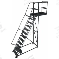 BALLYMORE Rolling Cantilever Ladder: 11.7 ft Platform Ht, Unassembled, Locking Casters, Steel (MPN CL-14-35-P). Key specifications — attr1051489: Gray; attr1051483: BALLYMORE; attr1051499: Double Handrails; attr1051504: Steel.