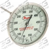 DWYER Glow-in-the-Dark Dial Thermometer: 50°F to 550°F, +/- 1% Accuracy, 5 in Dial Dia, Male (MPN GBTA56071). Key specifications — attr1275048: +/- 1%; attr1275052: DWYER.