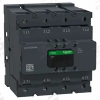 SCHNEIDER ELECTRIC IEC Contactor: Non-Reversing, 4 Poles, 4NO Contacts, 200 A, 120V AC/48V AC Coil (MPN LC1DT200A6EHE). Key specifications — Brand: SCHNEIDER; Integrated Surge Suppression: Yes; Nominal Coil Voltage @ 60Hz: 48V AC.