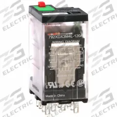 SCHNEIDER General Purpose Relay: Socket Mounted, 3 A Current Rating, 120V AC, 4PDT, G Socket (MPN 792XDX3M4L-120A). Key specifications — Brand: SCHNEIDER; Base Type: Square; Mounting Style: Plug-In; Electrical Connection: Faston Connector; Manufacturer Part Number: 792XDX3M4L-120A; Operating Current: 3 A at 30V DC (Conforming to UL); Series: 792 Series.