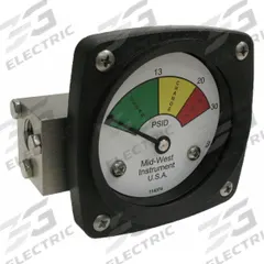 MIDWEST INSTRUMENT 3-Color Differential Pressure Indicator: 1,000 psig Max. Static Pressure, 522 (MPN 522S-030V). Key specifications — Brand: MIDWEST INSTRUMENT; Accuracy: ±5% of Full Scale; Sensor Material: Viton; Housing Material: Stainless Steel; Transition Points: 0 psid to 13 psid (Green) / 13 psid to 20 psid (Yellow) / 20 psid to 30 psid (Red).