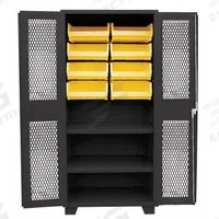 JAMCO Bin Cabinet: 36 in x 24 in 78 in, 2 Shelves, 8 Bins, Yellow, Ventilated, 14 ga Panel, Black (MPN DH236BL). Key specifications — Bin Color: Yellow; Bin HxWxD: (8) 7 in x 16-1/2 in x 14-3/4 in; Assembled: Assembled; Cabinet Style: Shelf and Bin; Brand: JAMCO; Cabinet Color: Black; Cabinet Finish: Powder Coated; Cabinet Material: Steel.