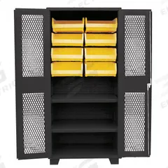 JAMCO Bin Cabinet: 36 in x 24 in 78 in, 2 Shelves, 8 Bins, Yellow, Ventilated, 14 ga Panel, Black (MPN DH236BL). Key specifications — Bin Color: Yellow; Bin HxWxD: (8) 7 in x 16-1/2 in x 14-3/4 in; Assembled: Assembled; Cabinet Style: Shelf and Bin; Brand: JAMCO; Cabinet Color: Black; Cabinet Finish: Powder Coated; Cabinet Material: Steel.