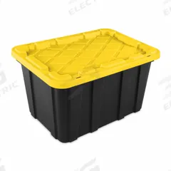 STERILITE Storage Tote: 27 gal, 28 1/2 in x 19 5/8 in x 15 1/2 in, Black Body, Yellow Lid, Yellow (MPN 50659Y06). Key specifications — Material: Plastic; Body Color: Black; Lid Color: Yellow; Brand: STERILITE; NSF Certified: Not NSF Certified; Nestable: Nesting Capable.