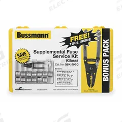 BUSSMANN Fuse Kit: Includes Series ABC/AGC/GMA/GMC/MDA/MDL, Glass Fuses, 0.25 A – 20 A Range (MPN GSK-260). Key specifications — Fuse Series Included: GMC; Tool Included: FT-3 Fuse Tester/Puller; Brand: BUSSMANN; Tools Included: Fuse Tester/Puller Combination.