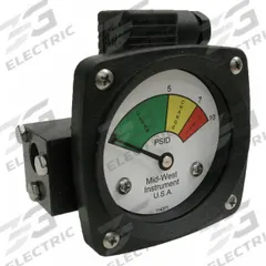 MIDWEST INSTRUMENT 3-Color Differential Pressure Indicator: 1,000 psig Max. Static Pressure, 522 (MPN 522A-010-LA). Key specifications — Brand: MIDWEST INSTRUMENT; Accuracy: ±5% of Full Scale; Sensor Material: Buna-N; Housing Material: Aluminum; Transition Points: 0 psid to 5 psid (Green) / 5 psid to 7 psid (Yellow) / 7 psid to 10 psid (Red).