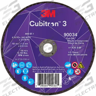 3M CUBITRON 3 Abrasive Cut-Off Wheel: Type 1, 4" x 0.045" x 3/8", Ceramic - Cool-Cutting Cut-Off Wheels for Carbon & Stainless Steel