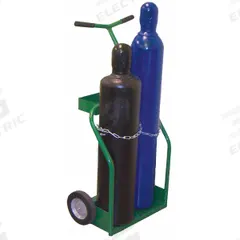 SAFTCART Cylinder Hand Truck: 250 lb, Side by Side, 2 Cylinder, 18 in W x 8 in D Nose Plate (MPN 935-8S). Key specifications — attr1343829: SAFTCART; attr1343789: Green; attr1343794: Chain.