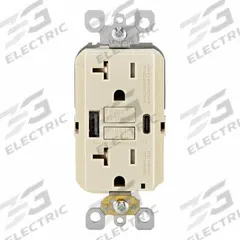 USB Receptacle: Decorator Duplex, 5-20R, USB Type A/C, Light Almond, 125V AC, 20 A, GFCI (MPN GUAC2-T). Key specifications — Brand: LEVITON.