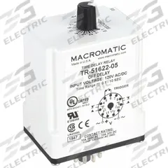 MACROMATIC Single Function Time Delay Relay: Socket Mounted, 120V AC/DC, 10 A, 11 Pins/Terminals (MPN TR-51622-05). Key specifications — Brand: MACROMATIC.
