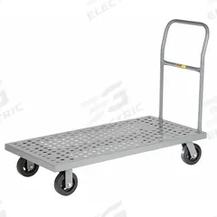 LITTLE GIANT Platform Truck: 1,600 lb, 48 in L x 24 in W x 9 in H Deck, Perforated, 12 ga Deck, Std (MPN T-520-P-1H). Key specifications — Side Panel Type: No Side Panels; Brand: LITTLE GIANT; Color: Gray; Caster/Wheel Configuration: (2) Swivel.