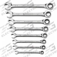 GEARWRENCH Combination Ratcheting Wrench Set: Alloy Steel, Full Polish Chrome, 8 Tools, Std (MPN 85599). Key specifications — attr309581: Full Polish Chrome; attr309580: Alloy Steel; attr309571: No; attr309583: No; attr309587: Yes; attr324931: GEARWRENCH.
