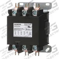SIEMENS Definite Purpose Magnetic Contactor: 3 Poles, 24V AC, 75 A, Non-Reversing (MPN 42FE35AJ). Key specifications — Brand: SIEMENS; Coil Voltage: 24V AC; Contactor Style: HVACR Definite Purpose Contactor; Mounting Style: Surface; Terminal Connection Type: Screw Terminals; Maximum Voltage Rating: 600V AC; Series: 42 Series; Phase: Three.
