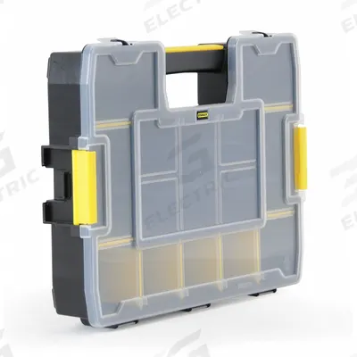 STANLEY Compartment Box: 14 3/4 in x 11 1/2 in x 2 3/4 in, Clear/Black/Yellow, 14 Compartments - Small Parts Compartmented Boxes with Adjustable Dividers