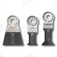 FEIN Oscillating Tool Blade Set: 3 Blades, Straight, Starlock Plus Connection, Plunge Cutting, 3 PK (MPN 35222952090). Key specifications — attr1140173: (1) E-Cut Long-Life saw blade 2-9/16 in wide; attr1097629: FEIN; attr1097591: Makita (w/ Starlock Mounts).