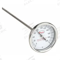 DWYER Long Reach Dial Thermometer: 0°F to 200°F, +/- 1% Accuracy, 3 in Dial Dia, 1/2 in Thread Size (MPN BTLRN336101). Key specifications — Accuracy: +/- 1%; Housing Material: Stainless Steel; Brand: DWYER.