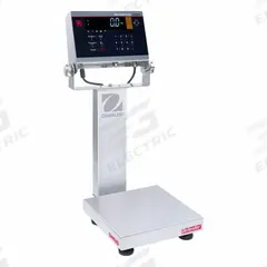OHAUS Industrial Bench Scale: 10 in x 10 in, IP68/IP69K, Column-Mounted, Stainless Steel (MPN D61XWE5WQS6). Key specifications — Connection Ports: Wi-Fi®; Readability: 0.0005 lb/0.2 g; Brand: OHAUS; Weighing Surface Material: Stainless Steel.