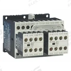 EATON IEC Magnetic Contactor: Reversing, 3 Poles, 3NO Contacts, 12 A, 24V AC Coil (MPN XTCR012B21T). Key specifications — Brand: EATON; Integrated Surge Suppression: Yes.