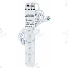 LEVITON Outlet Strip: 6 Outlets, 15 ft Cord Lg, 644 J Rated Energy, 15 A Current, White, 5-20P (MPN 5306M-1S5). Key specifications — Brand: LEVITON; Mounting Style: Screw.