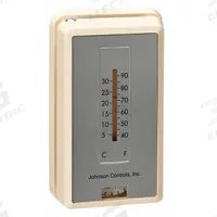 JOHNSON CONTROLS Pneumatic Thermostat: 55° to 85°F, 1 Pipe, Low Volume Pipes/Air Flow Output (MPN T-4100-2). Key specifications — Temperature Control Range: 55° to 85°F; Number of Pipes/Air Flow Output: 1 Pipe, Low Volume; Thermostat Action: Reverse; Mounting Direction/Includes Cover: Vertical, No; Brand: JOHNSON CONTROLS.