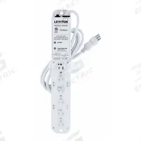 LEVITON Outlet Strip: 6 Outlets, 7 ft Cord Lg, 644 J Rated Energy, 15 A Current, White, 5-15P, 5-15R (MPN 53C6M-1N7). Key specifications — Brand: LEVITON; Mounting Style: Screw.