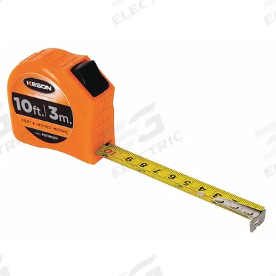 KESON Tape Measure: Nonmagnetic Single Hook Tip, 10 ft / 3 m, Plastic - Inch & Metric Tape Measures