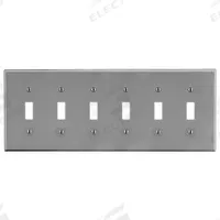 HUBBELL Wall Plate: Toggle, 6 Gang, Gray, Std Size (MPN P6GY). Key specifications — Brand: HUBBELL; Material: Polycarbonate.