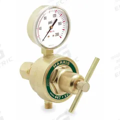 HARRIS Gas Regulator: Single Stage, 1/4" NPT F Inlet, 9/16"-18 M LH Outlet, 15 psig, Acetylene (MPN 447NC-15-1/4 L). Key specifications — Brand: HARRIS; Manufacturer Part Number: 447NC-15-1/4 L; Diaphragm Material: Neoprene; Outlet Connection: 9/16"-18 M LH; Inlet Connection: 1/4" NPT F.