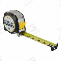 STANLEY Tape Measure: Nonmagnetic Single Hook Tip, 25 ft, Plastic, Black/Gray (MPN FMHT38325S). Key specifications — attr935324: STANLEY; attr942259: Black; attr935326: Finger Brake; attr935328: 1/16 in; attr935329: Inches; attr935337: SAE; attr936607: Manual Lock; attr972446: Inch.
