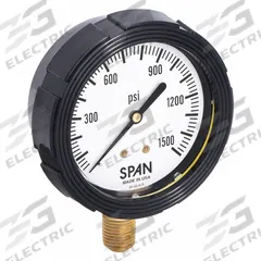 SPAN Pressure Gauge with Internal Seal: 0 psi to 1,500 psi, LFS-210, 2 1/2 in Dial, Buna-N, Brass, 4 (MPN LFS-210-1500-G-KEMX). Key specifications — Brand: SPAN; Gauge Case Liquid: Glycerin; Seal Fill Liquid: Instrument Oil; Seal Lower Housing Material: Brass; Accuracy: ±1.00%; Pressure Range: 0 psi to 1,500 psi; Gauge Wetted Parts: Brass / Copper.