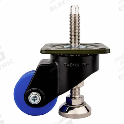 FOOT MASTER Plate Caster: Nylon Tread, 63 mm Wheel Dia, 98 mm Mounting Ht - High-Adjustability Extended-Stem Leveling Plate Casters