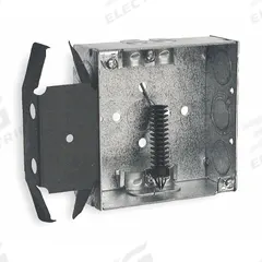 RACO Electrical Box: Steel, Steel - 4" x 4" Square Box Material & Nominal Size, Square, 2 Gangs, MS (MPN 228). Key specifications — Brand: RACO; Bracket Style: Stud Clamp; Clamp Style: NMSC.