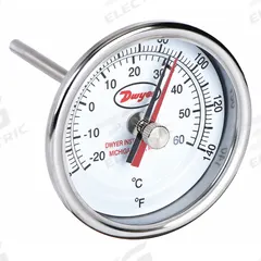 DWYER Min/Max Dial Thermometer: 0°F to 140°F to -17.8°C to 60°C, +/- 2% Accuracy, 3 in Dial Dia (MPN BTM31211D). Key specifications — Brand: DWYER; Accuracy: +/- 2%.