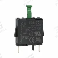SCHNEIDER Contact Blocks: 22 mm Panel Mounting Size, 1NO, Momentary/Late Break, XB4/XB5 Series (MPN ZBE701). Key specifications — Switch Action: Momentary/Late Break; Terminal Connection Type: PCBA Pins; Brand: SCHNEIDER; Compatible with Series: XB5.